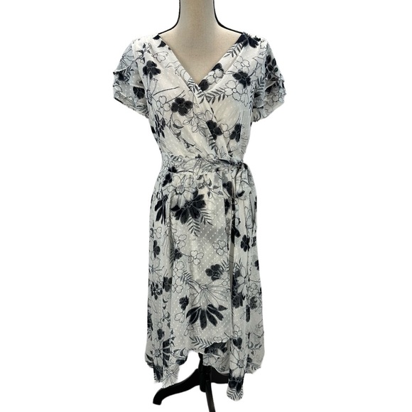 DKNY Short Sleeve Floral Print Faux Wrap Midi Dress - White Black - size 10 - Picture 1 of 9